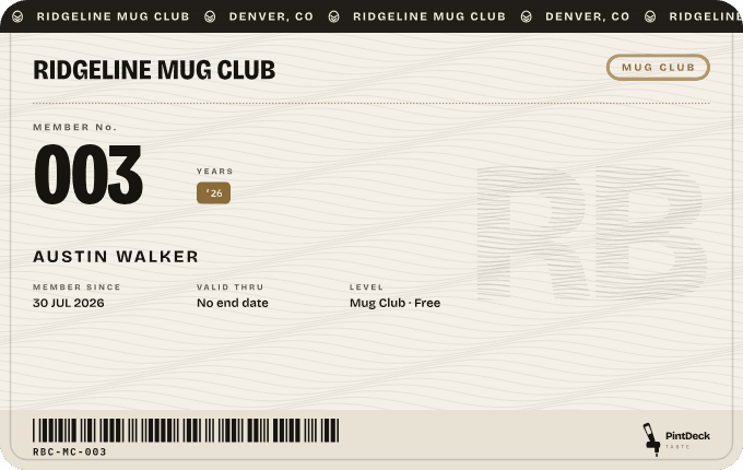The Ridgeline Mug Club membership card: member 003, Austin Walker