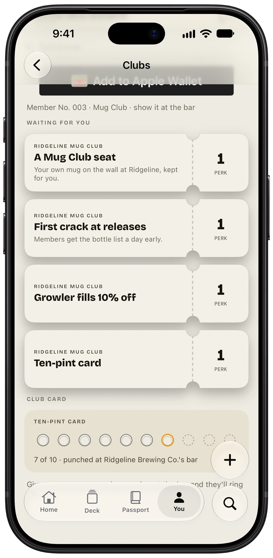 Perks in PintDeck Taste: a Mug Club seat, first crack at releases, 10% off growler fills, and a punch card at 7 of 10