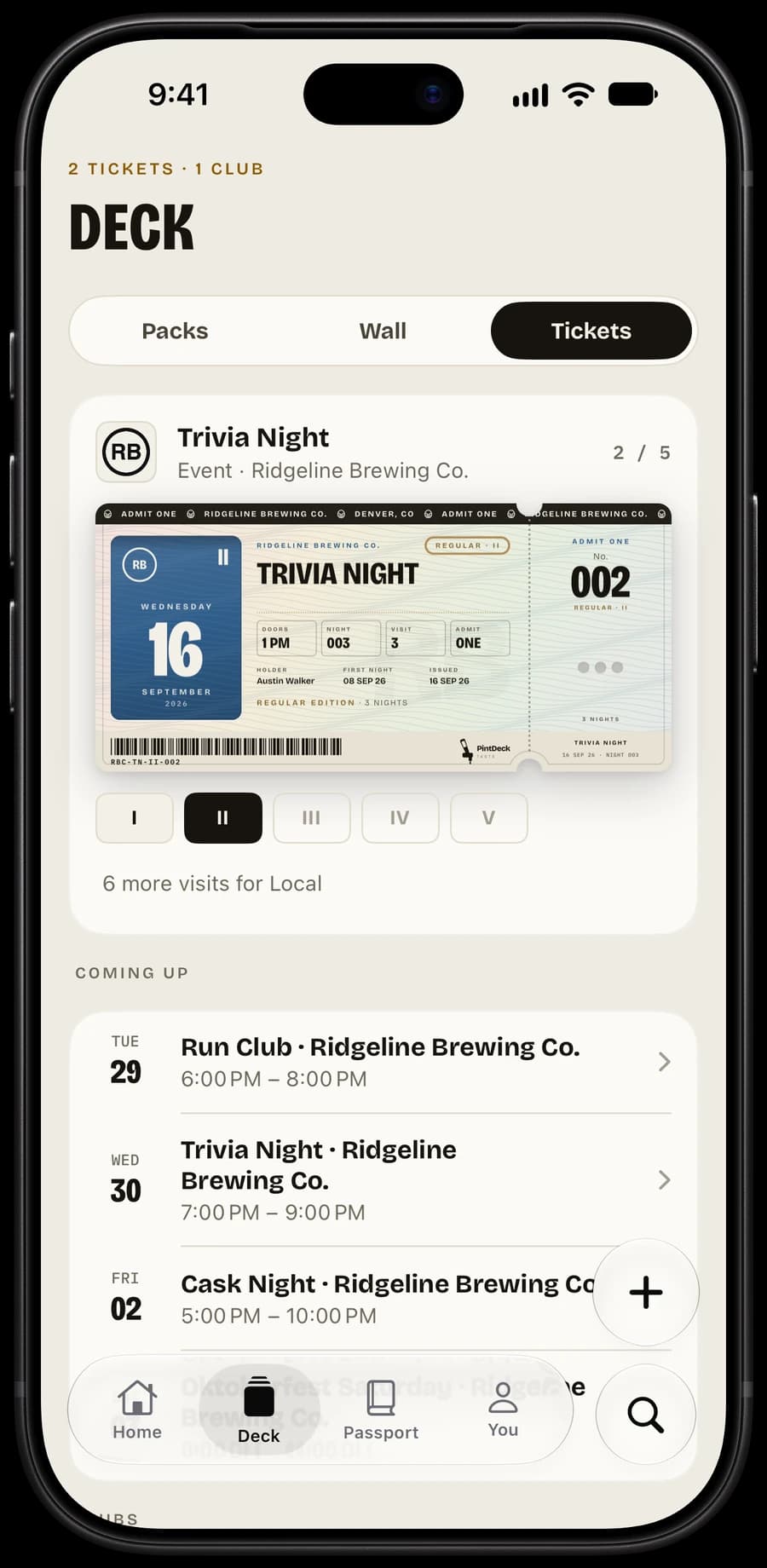 Tickets in PintDeck Taste: a Trivia Night ticket, Regular edition, and the events coming up at Ridgeline